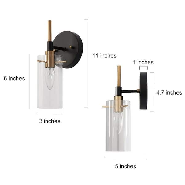 Modern 1-Light Brass Gold Wall Sconce, Black Vanity Light with Open Cylinder Clear Glass Shades Wall Light