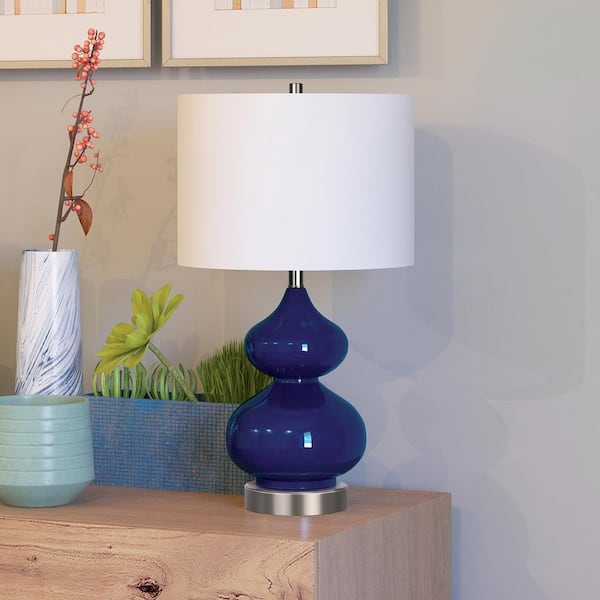 Katrina 23 in. Navy Blue Glass and Satin Nickel Table Lamp with Fabric Shade
