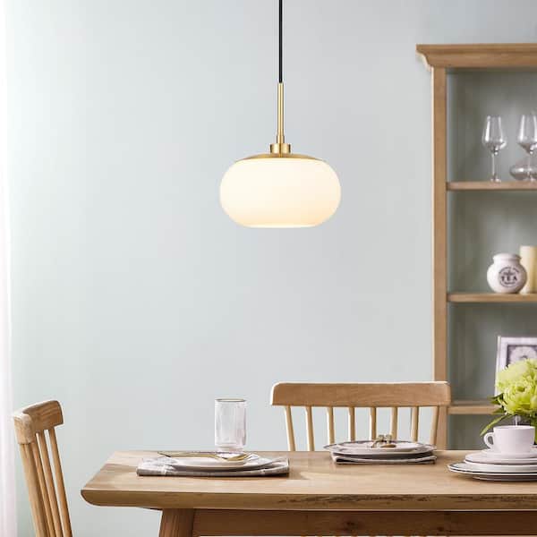 1-Light Opal Glass Pendant Light in Antique Brass Finish