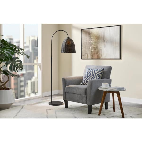 Highler 61 in. Matte Black Floor Lamp with Black Rattan Shade