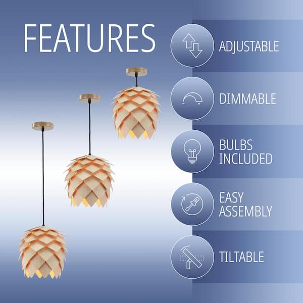 Simon 11.75 in. 1-Light Natural/Black Pinecone Wood LED Pendant