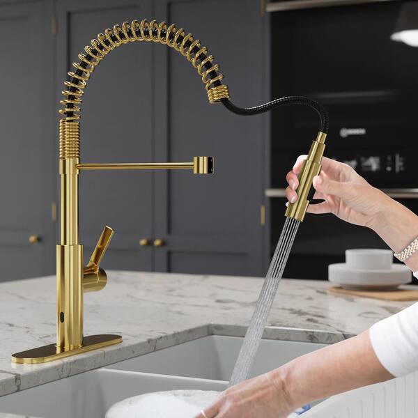 Ola Hands Free Touchless 1-Handle Pull-Down Sprayer Kitchen Faucet with Motion Sense and Fan Sprayer in Brushed Gold