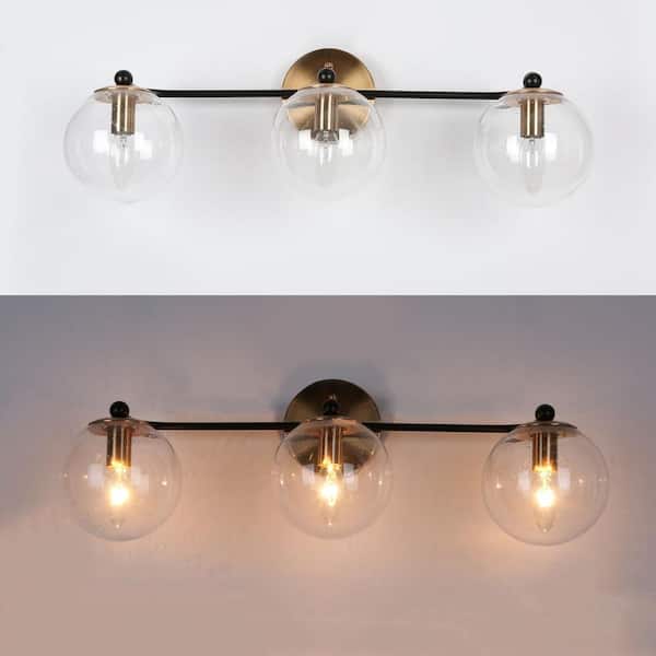 Modern 24.5 in. 3-Light Brass Gold Bathroom Vanity Light, Powder Room Rustic Black Vanity Light Seeded Glass Wall Sconce