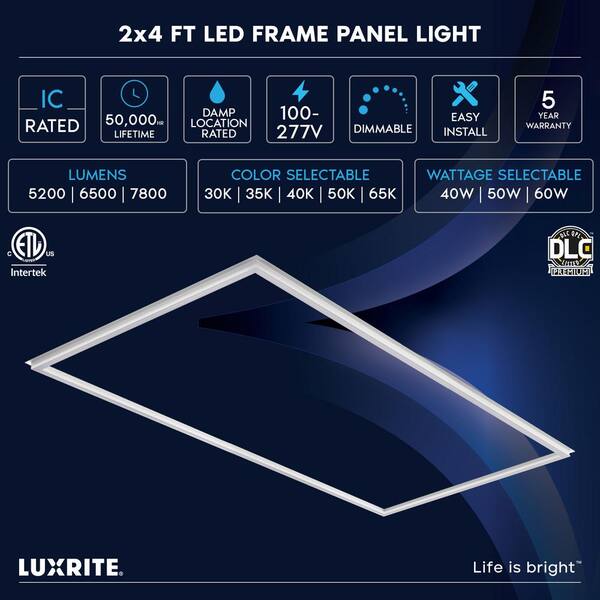 2 ft. x 4 ft. Frame LED Panel Lights, 5CCT, 5200/6500/7800 Lumens, 40-Watt/50-Watt/60-Watt, Dimmable, Damp Rated, ETL