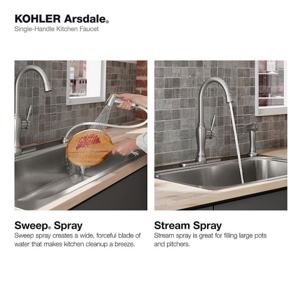 Arsdale Single-Handle Standard Kitchen Faucet with Swing Spout and Sidespray in Vibrant Stainless