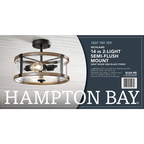 Richland 2-Light Grey Wood Semi Flush Mount Clear Seedy Glass