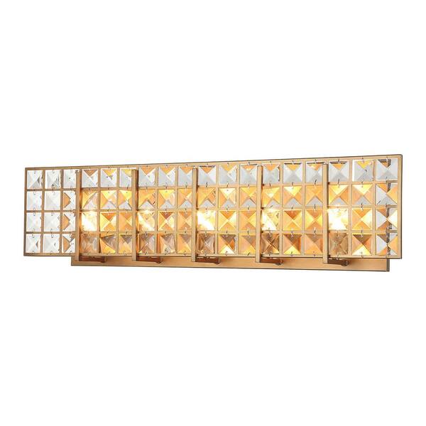 Modern Powder Bath Room Vanity Light, 34.2 in. 5-Light Gold Wall Sconce Light with Rectangle Crystal Shade