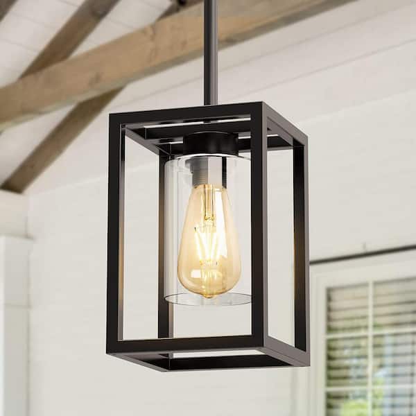 6.7 in.1-Light Black Square Framed Pendant with Clear Glass, Indoor Retro Industrial Hanging Light for Kitchen Island