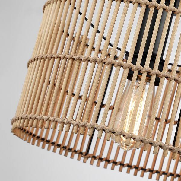 11.8 in. 1-Light Eclectic Natural Rattan and Bamboo Semi-Flush Mount Ceiling Light with Black Hardware