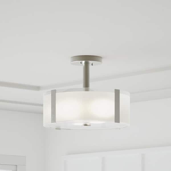 Bourland 14 in. 3-Light Polished Chrome Semi-Flush Mount Ceiling Light Fixture with White and Clear Glass Double Shade