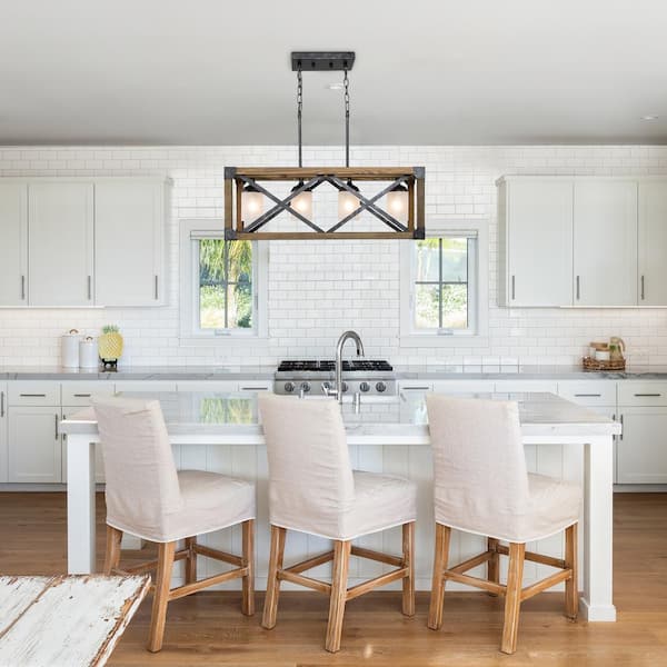 Farmhouse Dining Room Chandelier, 4-Light Brown Wood/Black Metal Kitchen Island Pendant with White Frosted Glass Shades