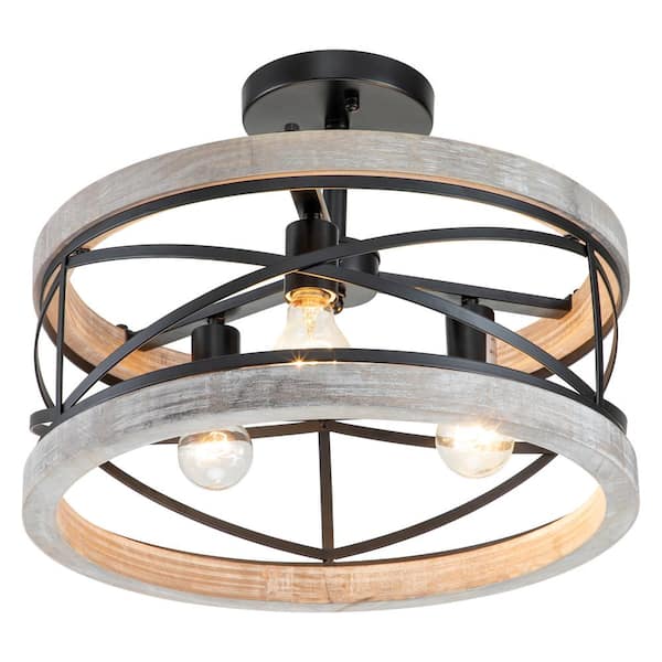 17.25 in. 3-Light Black Semi-Flush Mount with Wood Accent