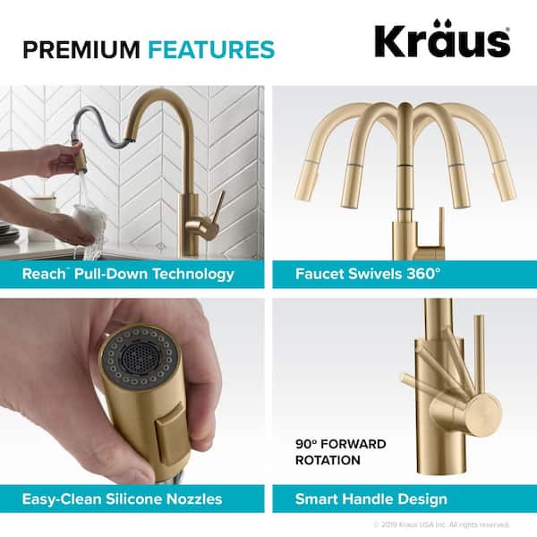 Oletto Single-Handle Pull-Down Kitchen Faucet with Dual-Function Sprayer in Brushed Brass