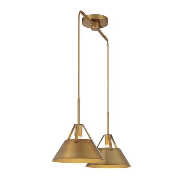 29 in. W x 10.5 in. H 2-Light Natural Brass Linear Chandelier with Matching Natural Brass Metal Shades