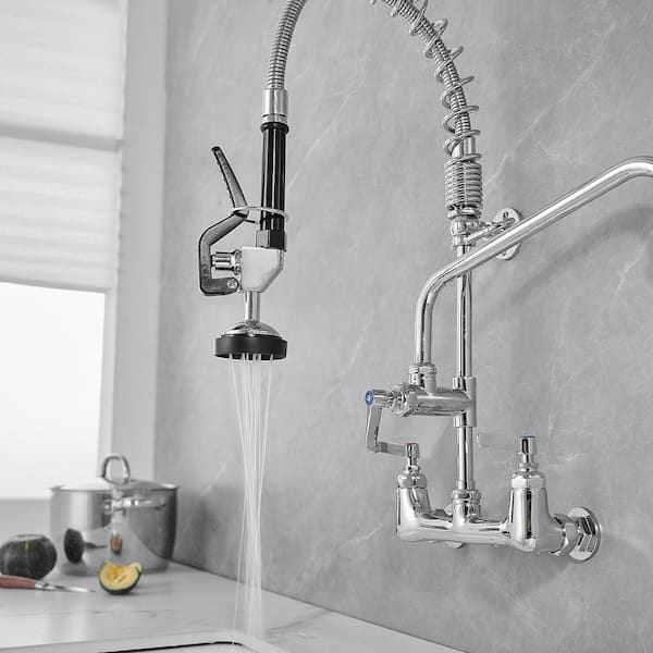 Commercial Restaurant Pull Down 2-Handle Wall Mount Pre-Rinse Spray Utility Kitchen Faucet in Polished Chrome