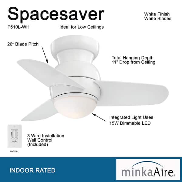 Spacesaver 26 in. Integrated LED Indoor White Ceiling Fan with Light with Wall Control