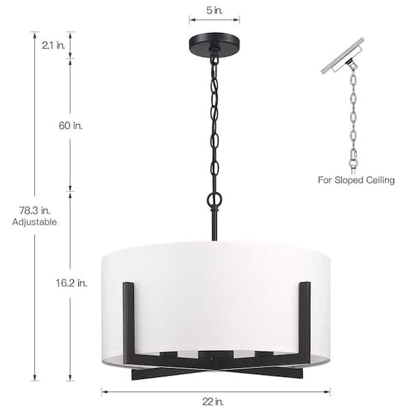 22 in. 4-Light Matte Black Chandelier Pendant Light with White Drum Shade