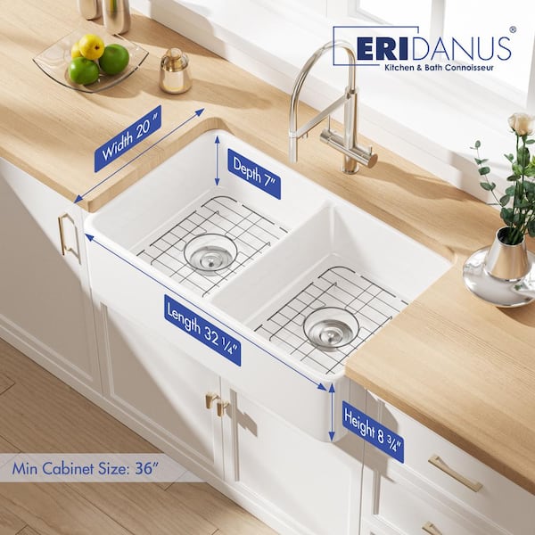 Denbigh Crisp White Fireclay 33 in. Double Bowl Farmhouse Apron Kitchen Sink with Bottom Grid