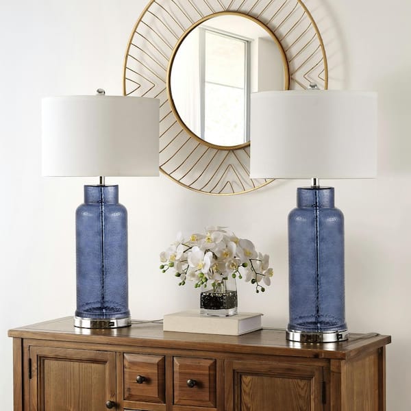 Bottle Glass 30 .5 in. Blue/Cream Table Lamp with USB Port