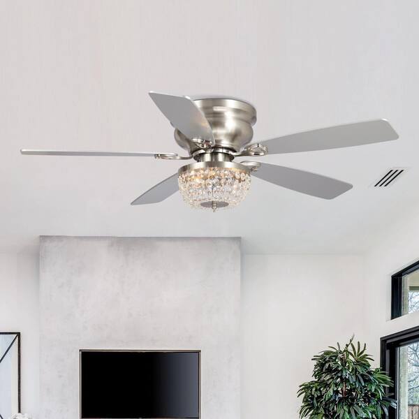 48 in. Crystal Flush Mount Satin Nickel Ceiling Fan with Light Kit and Remote Control