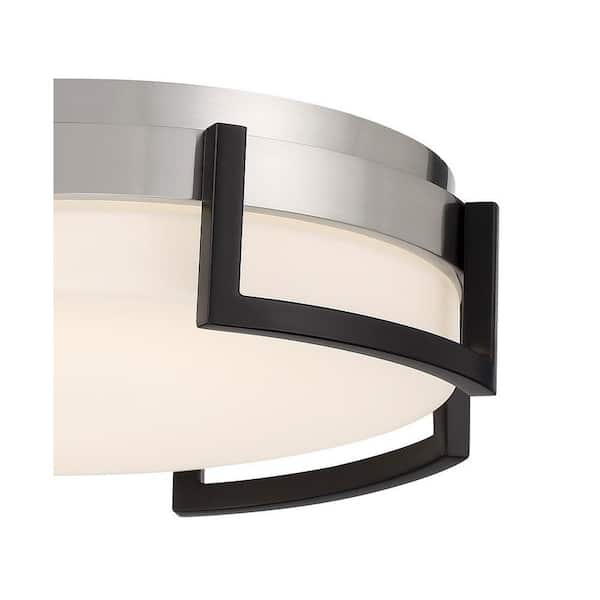Bezel Set 15 in. 1-Light Black and Brushed Nickel LED Flush Mount with Etched Opal Glass