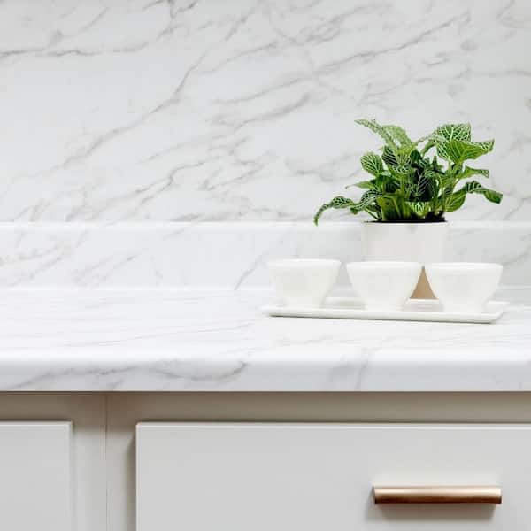 Wilsonart 10 ft. Right Miter Laminate Countertop in Textured Anzio Marble with Waterfall Edge and Integrated Backsplash