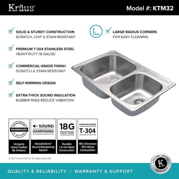 Drop-In Stainless Steel 33 in. 1-Hole 60/40 Double Bowl Kitchen Sink Kit