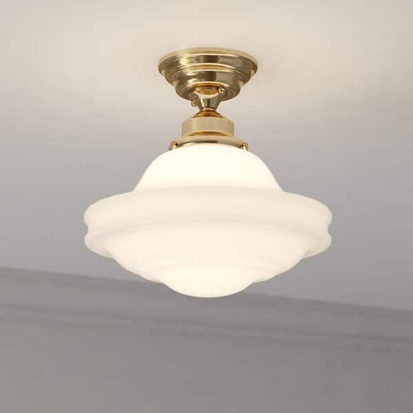 Huntley 12-in W Natural Brass Farmhouse Schoolhouse Semi Flush Mount Ceiling Light White Glass