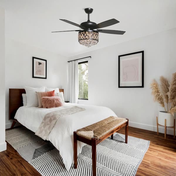 Berkshire 52 in. Crystal Downrod Mount Black Ceiling Fan With Light Kit and Remote Control