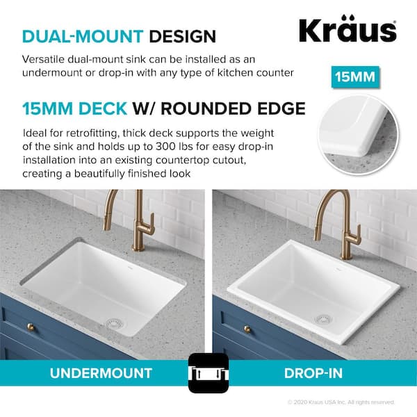 Turino White Fireclay 23.88 in. Single Bowl Drop-In/Undermount Kitchen Sink