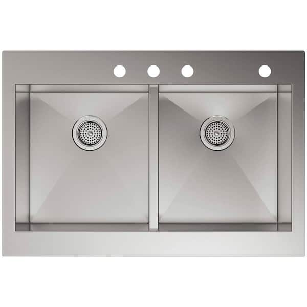 Vault Drop-In Farmhouse Apron Front Self-Trimming Stainless Steel 36 in. 4-Hole Double Bowl Kitchen Sink