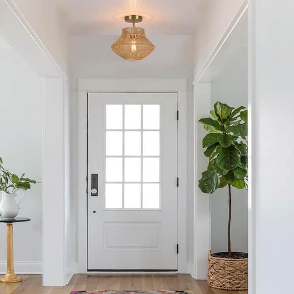 D 12 in. x H 11.3 in. 1-Light Brass/Wheat Bohemian Rattan Semi-Flush Mount Ceiling Light