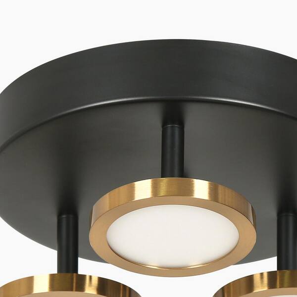 Adjustable 9 in. Modern 3-Light Black Integrated LED Semi-Flush Mount, Brass Gold Shade Round Ceiling Light