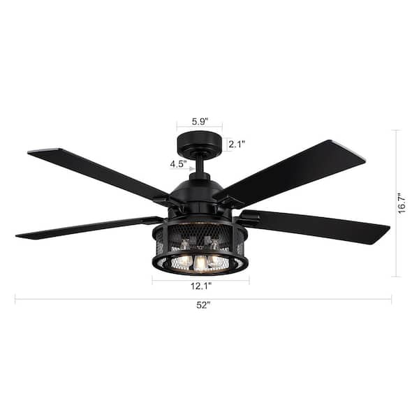 52 in. Industrial Mesh Metal Reversible Blades Black Ceiling Fan with Remote Control and Light Kit