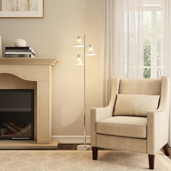 64-1/2 in. Brushed Nickel Floor Lamp with 3 Plastic Bell Shades