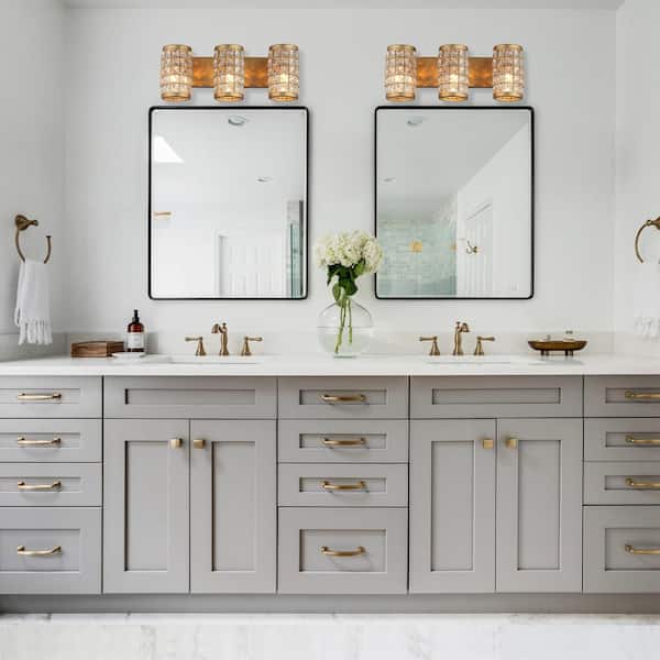 Modern Powder Bath Room Vanity Light, 21.6 in. 3-Light Gold Wall Sconce Light with Cylinder Crystal Shade