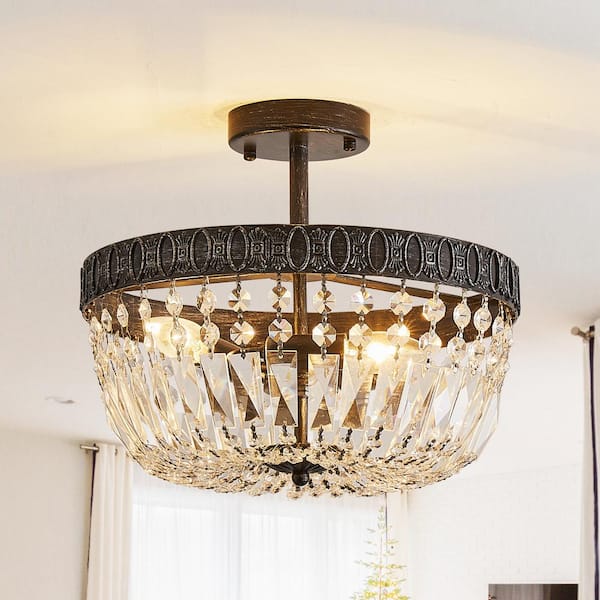 14 in. 3-Light Brushed Black Semi Flush Mount Crystal Chandelier Ceiling Light Fixture, No Bulbs Included