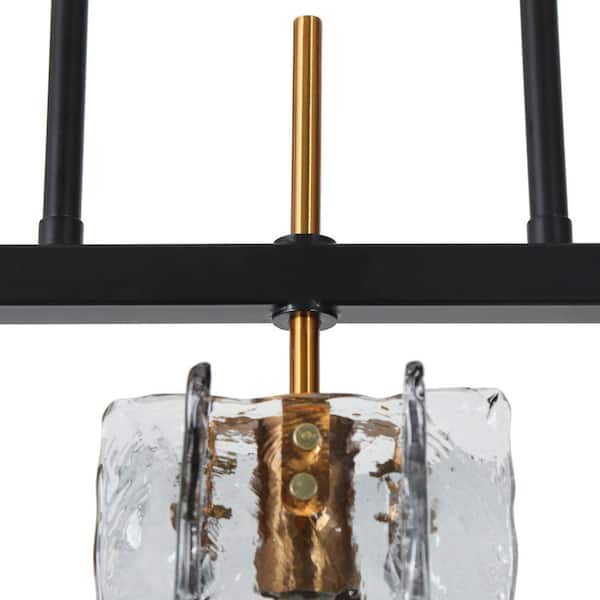 Echonalyri Modern Island 3-Light Glam Matte Black and Plating Brass Chandelier with Geometric Textured Glass Shades