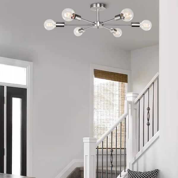 Gallman 23.62 in. 6-Light Nickle Mid-Century Pendant Ceiling Light Sputnik Semi-Flush Mount