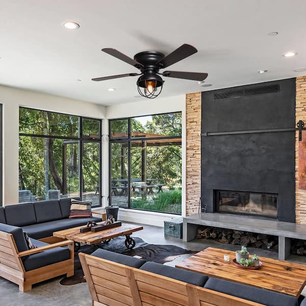 42 in. Industrial Flush Mount Black Ceiling Fan with Light Kit and Remote Control