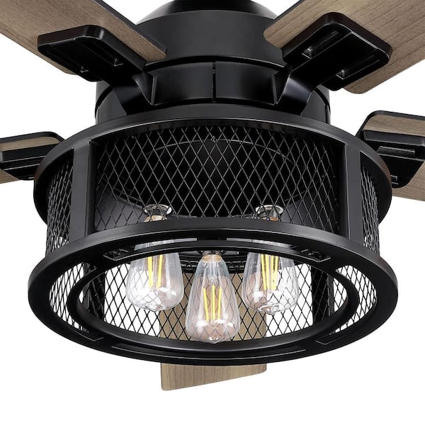 52 in. Industrial Mesh Metal Reversible Blades Black Ceiling Fan with Remote Control and Light Kit