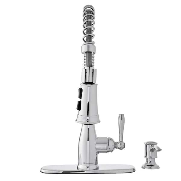 Mandouri Single-Handle Spring Neck Pull-Down Sprayer Kitchen Faucet with Soap Dispenser in Polished Chrome