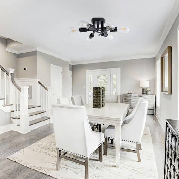 Industrial 22 in. 6-Light Black Linear Semi-Flush Mount Light Sputnik Ceiling Light