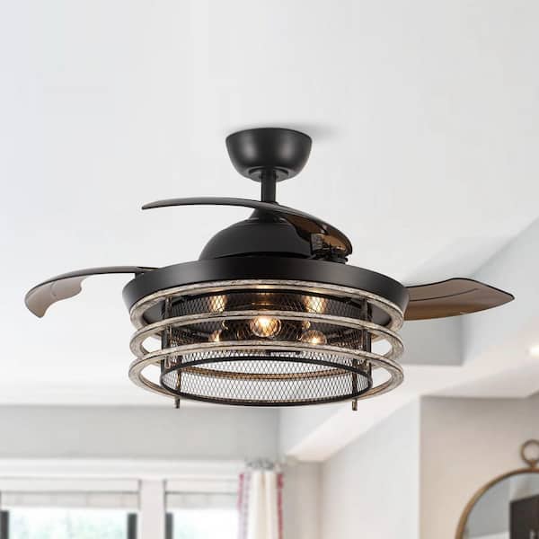 42 in. Industrial Retractable 3-Blade Matte Black Ceiling Fan with Remote Control and Light Kit