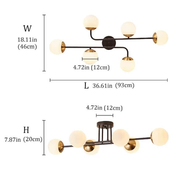 35.4 in. 6-Light Black Modern Sputnik Semi-Flush Mount Ceiling Light Fixture with Glass Shades