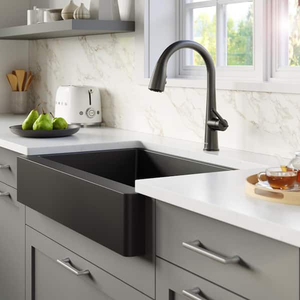 Retrofit Farmhouse Apron Front Quartz Composite 34 in. Double Bowl Kitchen Sink in Black