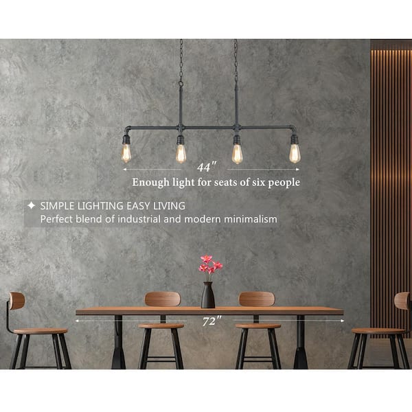Black Pipe Chandelier, 44 in. Large Industrial 4-Light Linear Matte Black Chandelier Kitchen Island Pendant Light