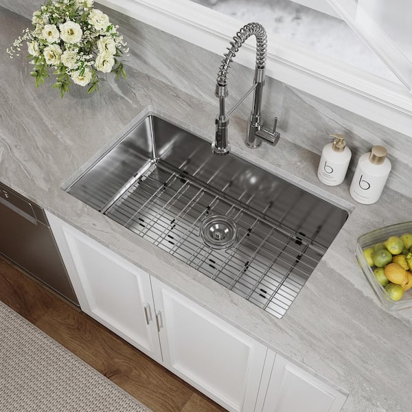 32 in. 16-Gauge Undermount Single Bowl Stainless Steel Kitchen Sink with Bottom Grid, Basket Strainer, Cutout Template