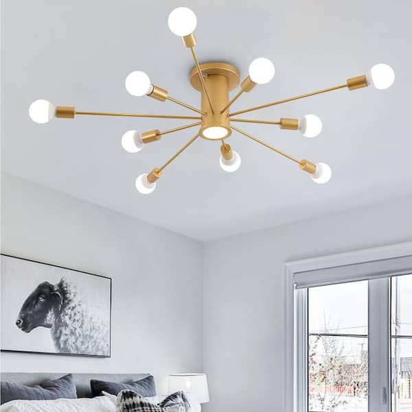 Wingard 39.37in. 10-Light Gold Modern Sputnik Ceiling Light Mid-Century Semi-Flush Mount with A LED Spotlight