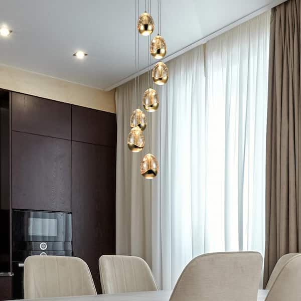 Venezia 9 in. 7-Light ETL Certified Integrated LED Gold Chandelier Height Adjustable Pendant with Champagne Glass Shades
